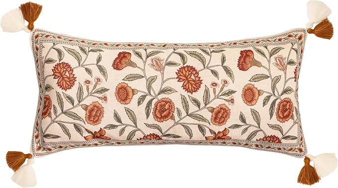 ISAENNE French Elegant Linen Rectangle Throw Pillow Cover,28"x12"-Albano A | Designer Vintage Pillow Cover,Concealed Zipper Design,Orange Floral Pattern,Sofa,Bedroom,Living Room,Lounge Chairs