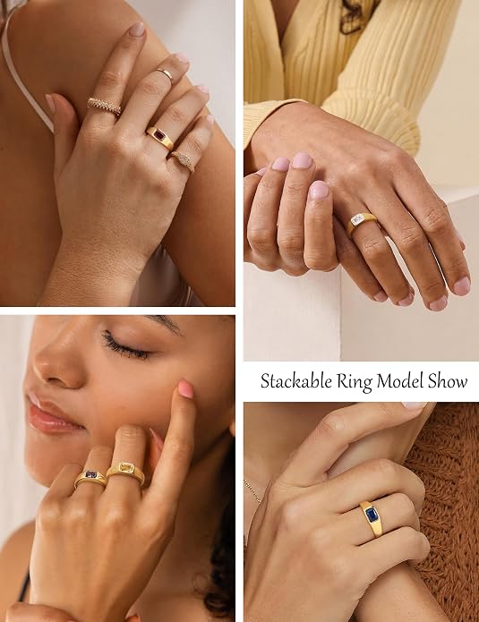 Birthstone Gold Rings for Women Non Tarnish 14K Gold Plated Chunky Emerald Rings Thumb Signet Statement Dainty CZ Band Ring Unique Waterproof Cute Jewelry Gift for Birthday Size 6-10