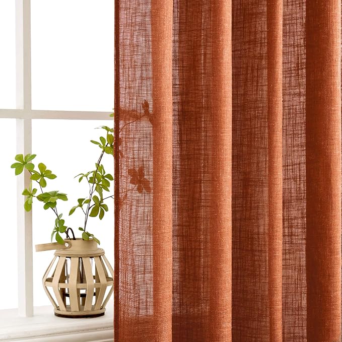 MIULEE Rust Curtains 90 Inch Length 2 Panels for Bedroom Living Room, Terracotta Soft Thick Linen Textured Window Drapes Semi Sheer Light Filtering Back Tab Rod Pocket Burlap Look Fall Decor