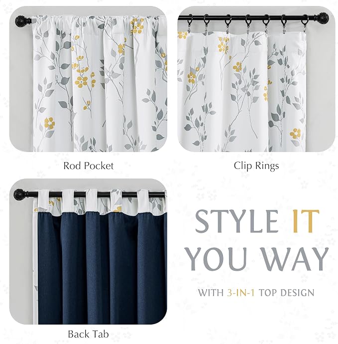 Beauoop Floral 100% Blackout Curtains Bedroom Yellow Grey 52X84 2 Panels | Flower Patterned Yellow White Room Darkening Drapes for Living Room Thermal Soundproof Window treatment Rod Pocket