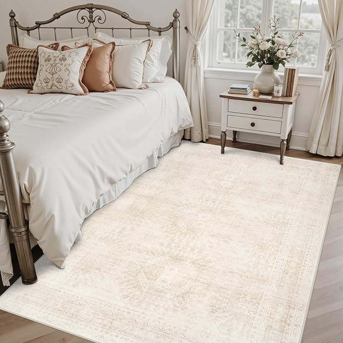 4x6 Area Rugs for Living Room: Vintage Boho Neutral Washable Rug Indoor Soft Large Area Rug Carpet for Bedroom Nursery Farmhouse Dining Room Office Floor Non-Slip Low Pile Under Table Rug Beige