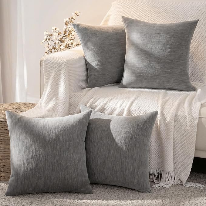 Set of 4 Grey Throw Pillow Covers 18x18 Inch, Neutral Boho Farmhouse Aesthetic Decorative Pillow Cases for Couch, Sofa, Living Room & Bed, Soft Chenille Pillow Cases, Stylish Home Decor, 45x45 cm