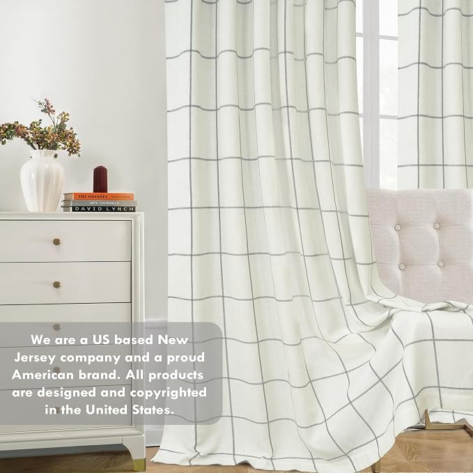 DriftAway 100% Blackout Plaid Linen Curtains 108 Inches Long 2 Panels Gray | 100% Blackout, Linen Texture, Plaid Pattern, Two Layers, Rod Pocket & Back Tab, Bedroom Living Room Use, Luxury Appearance