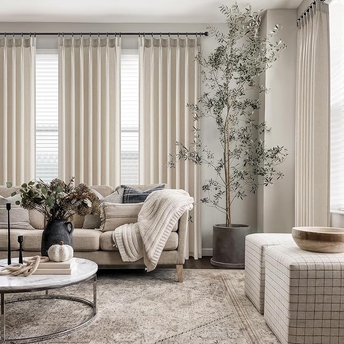 100 Inches Long Oatmeal Colored Pinch Pleat Sheer Curtains with Hooks,Back Tab Semi Transparentes Light Filtering Linen Cotton Blend Ocher Tone Rustic Cabin Style Drapes Curtains,40x100 inch Length