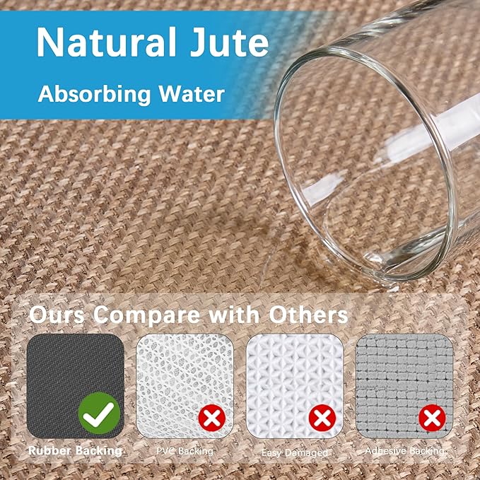 15ft Natural Jute Hallway Runner Rug Non Slip Washable, Rubber Backed Long Khaki Indoor Entryway Runner, Absorbent Kitchen Carpet Sink Rug