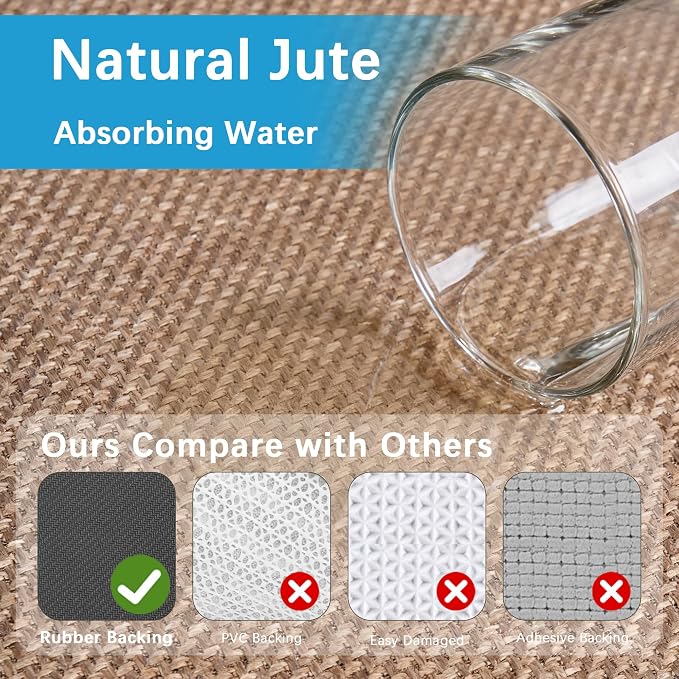 8ft Natural Jute Hallway Runner Rug Non Slip Washable, Rubber Backed Long Khaki Indoor Entryway Runner, Absorbent Kitchen Carpet Sink Rug