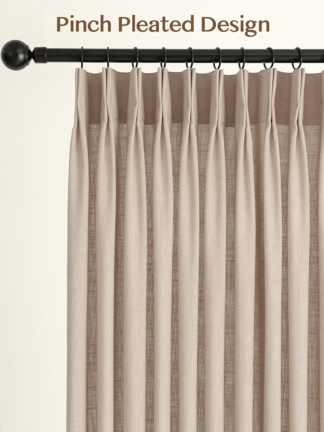 Liz Pinch Pleated Linen Curtains Light Filtering Curtains for Living Room, Farmhouse Window Curtains for Bedroom, Modern Drapes with Hooks and Rings, 102 Inches Long, Tapioca, 2 Panels Set