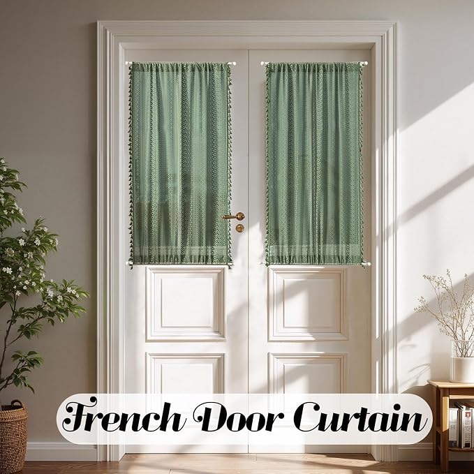 Sutuo Home Green Door Curtains 2 Panels for Doorway Glass & Sidelights, French Country Handmade Tassels Vintage Chic Privacy Drapes Xmas Olive Boho Curtains for Front Door, Rod Pocket 25" W x 40" L