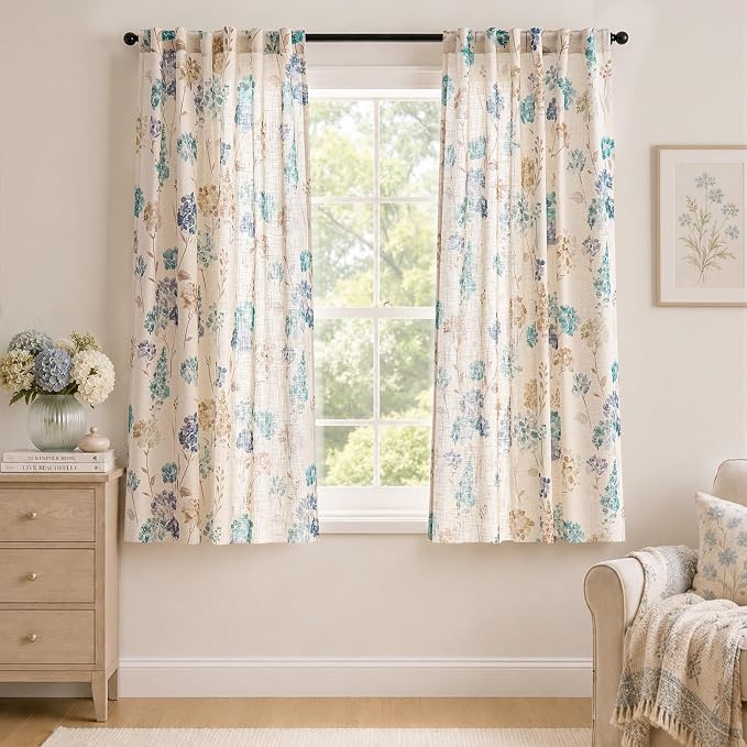 jinchan Floral Linen Curtains 63 Inch Vintage Cottagecore Back Tab 2 Panels | Light filtering drapes, semi sheer, farmhouse, botanical, watercolor, living room, bedroom, rod pocket, window treatment