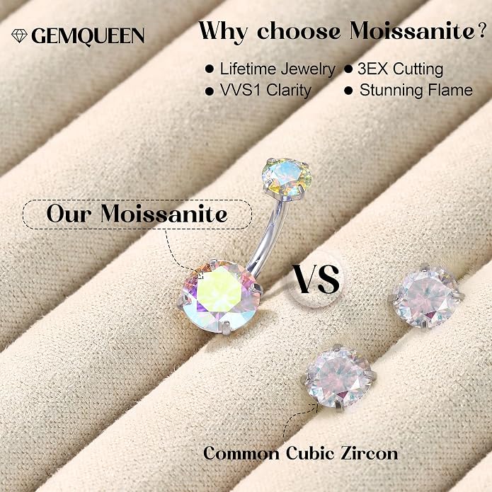 GEMQUEEN Moissanite ＆ G23 TItanium Belly Button Ring 18K Gold Plated Hypoallergenic Internally Threaded Belly Rings 14G Navel Piercing Jewelry For Women Men D Color VVS1 Clarity Brilliant Cut