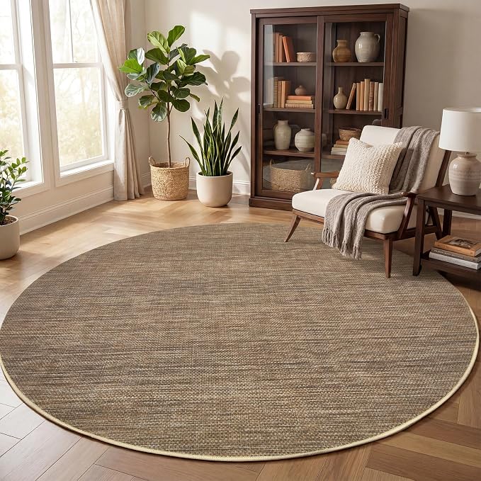 GarveeHome 4ft Easy Jute Round Rug Washable Living Room Bedroom Circle Rugs | Modern Solid Non Slip Stain Resistant Throw Carpet Low Pile Indoor Round Area Rugs for Kitchen Nursery Entryway Dorm, Brown