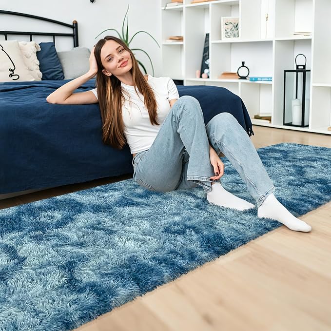 2x10 Feet Soft Fluffy Blue Runner Rug for Bedroom, Washable Plush Shag Carpet Runner for Hallway Living Room, Hallway, Nursery, Dorm, Fuzzy Bedsiluede Rug for Kids Girls Room, Home Decor