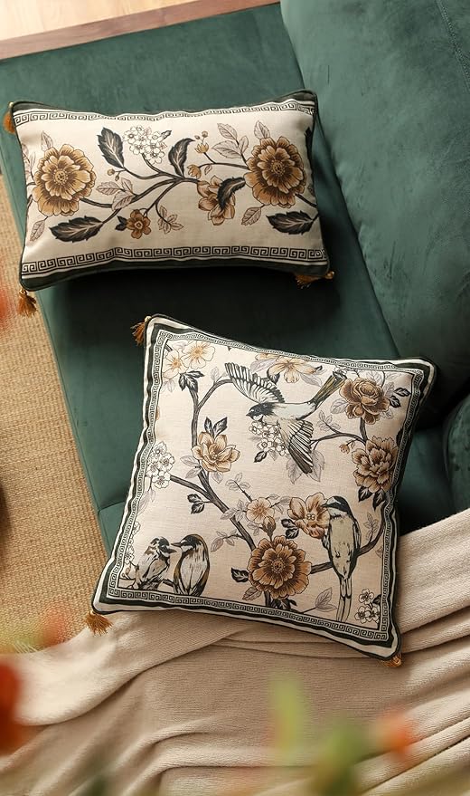 ISAENNE Vintage Linen Square Throw Pillow Cover,Set of 2,18"x18"-Murad A | Designer French Decor Pillow Cover,Concealed Zipper Design,Floral and Bird Pattern,Sofa,Bedroom,Living Room,Lounge Chairs