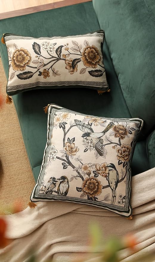 ISAENNE Vintage Elegant Linen Square Throw Pillow Cover,18"x18"-Murad A | Designer French Decor Pillow Cover,Concealed Zipper Design,Floral and Bird Pattern,Sofa,Bedroom,Living Room,Lounge Chairs