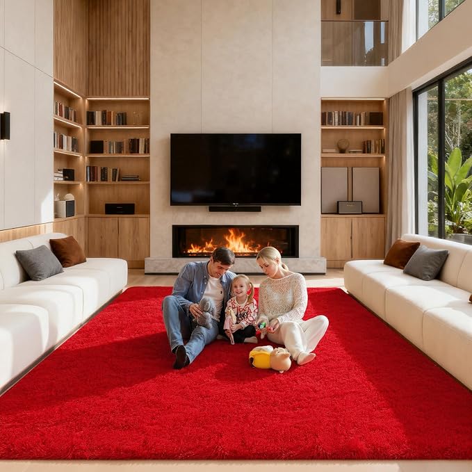Area Rugs 9x12 Living Room, Large Fluffy Red Rugs for Bedroom, Fuzzy Shag Soft Non-Slip Carpet for Kids Girls and Boys Nursery Dorm Indoor Room Home Decor (9ft X 12ft, Red)