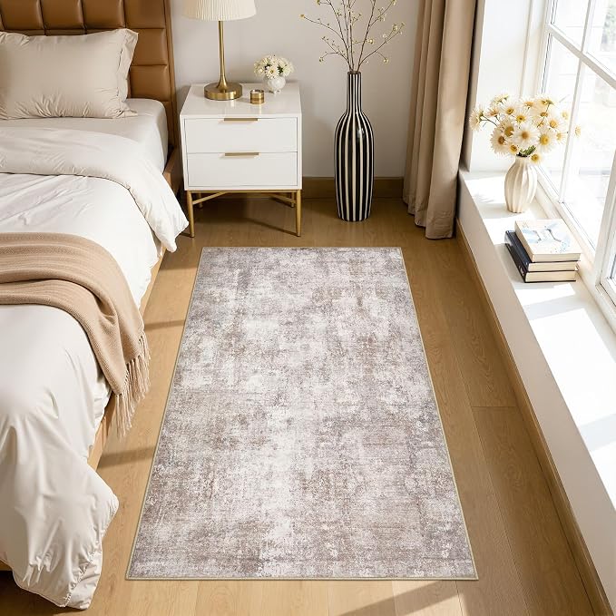 Neutral Washable Area Rug 3x5, Abstract Small Rugs for Entryway | Modern Abstract Carpet, Stain Resistant and Kid & Pet Friendly, Joint-Friendly Indoor Rug, Made for Entryway Bathroom - Brown