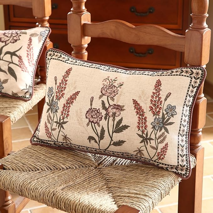 ISAENNE Designer Vintage Linen Throw Pillow Cover,20"x12"-Helena C | Elegant French Rectangle Pillow Cover,Concealed Zipper Design,Floral Pattern,Sofas,Bedroom,Living Room,Lounge Chairs