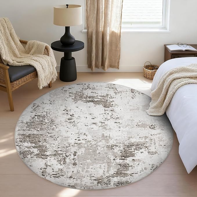 ROYHOME Modern Abstract 8x8 Round Area Rug Non Slip Non Shedding Rug Low Pile Stain Resistant for Bedroom Living Room Office Dining Room,Taupe/Beige