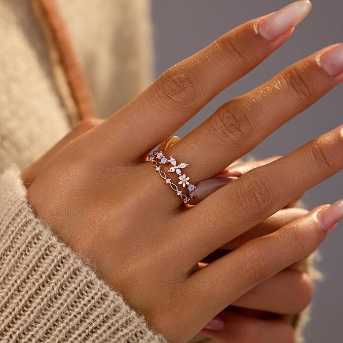 LOVECOM 925 Sterling Silver Butterfly Daisy Flower Rings for Women Mothers Self Love Ring for Myself Adjustable Gold Layered Colorful Opal Cubic Zirconia Stackable Ring Jewelry Gifts to Daughter
