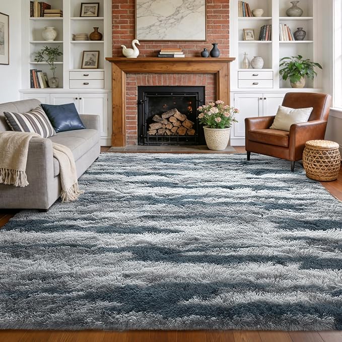 Large Shaggy 6x9 Area Rugs for Living Room Decor, Non-Slip Tie-Dyed Rugs for Bedroom Kids Playroom Dorm Room, High Pile Ultra Soft Carpet, Blue