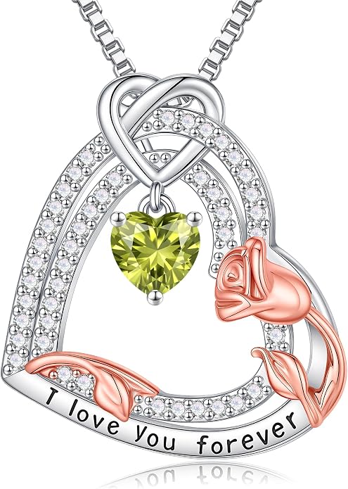 Gifts for Mom 925 Sterling Silver Birthstone Necklace for Women, Heart & Rose Design Birthday Gifts for Mom Wife Her