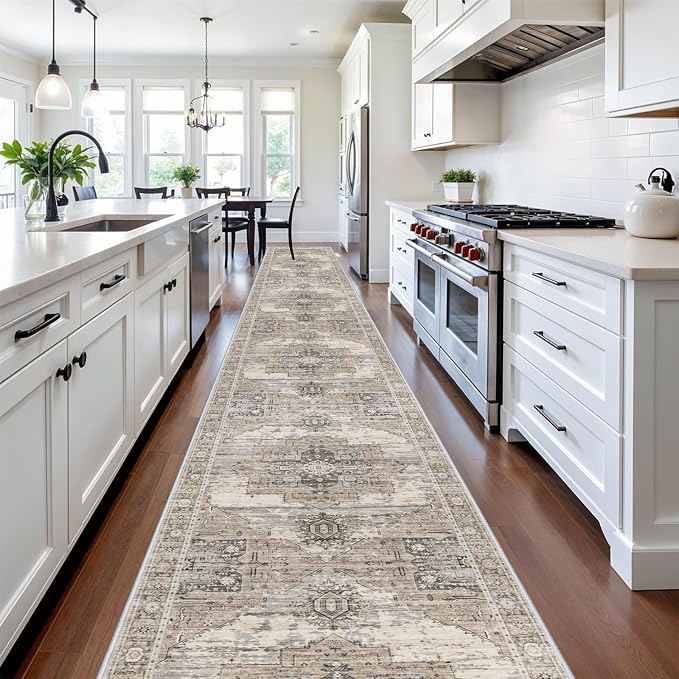 RUUGME Washable 3x20 Runner Rugs - Hallway Runner Rug for Living Room Stain Resistant Carpet with Non Slip Backing Vintage Rugs for Bedroom Kitchen Floor Decoration Mat 3x20 Beige