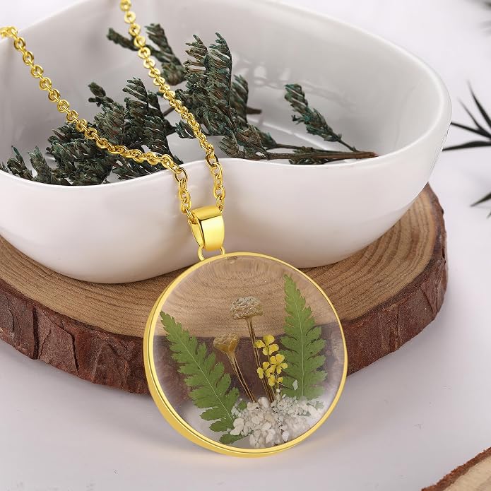 AUNTESIGN Forget-Me-Not and Queen Anne's Lace Pressed Wildflower Necklace | Birth Month Flowers Necklace | Gold/Silver Pressed Flower Jewelry | Mother's Day | Gift For Her