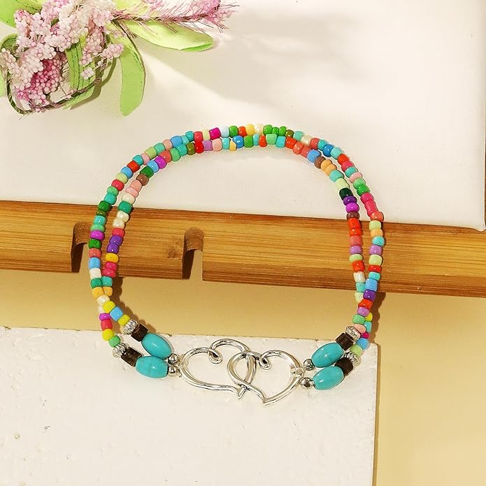Elastic Beaded Ankle Bracelets for Women Double Heart Layered Stretch Ankle Bracelets Waterproof Dainty Boho Beaded Anklets for Summer Beach Foot Jewelry