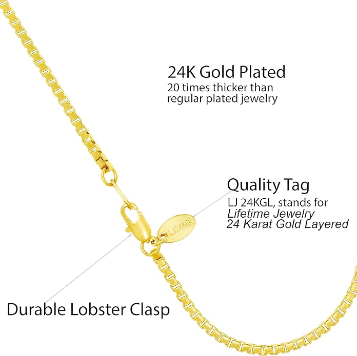 LIFETIME JEWELRY Womens Gold Anklet 2.3mm Box Chain Ankle Bracelet 24k Real Gold Plated