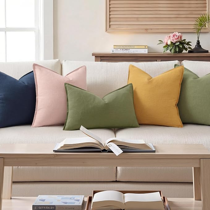 decorUhome Fall Olive Green Linen Throw Pillow Covers 12x20 Set of 2 | Decorative Soft Cozy Modern Farmhouse Boho Accent Pillow Cases with Flange Edges for Couch Bed Sofa Living Room Home Decor
