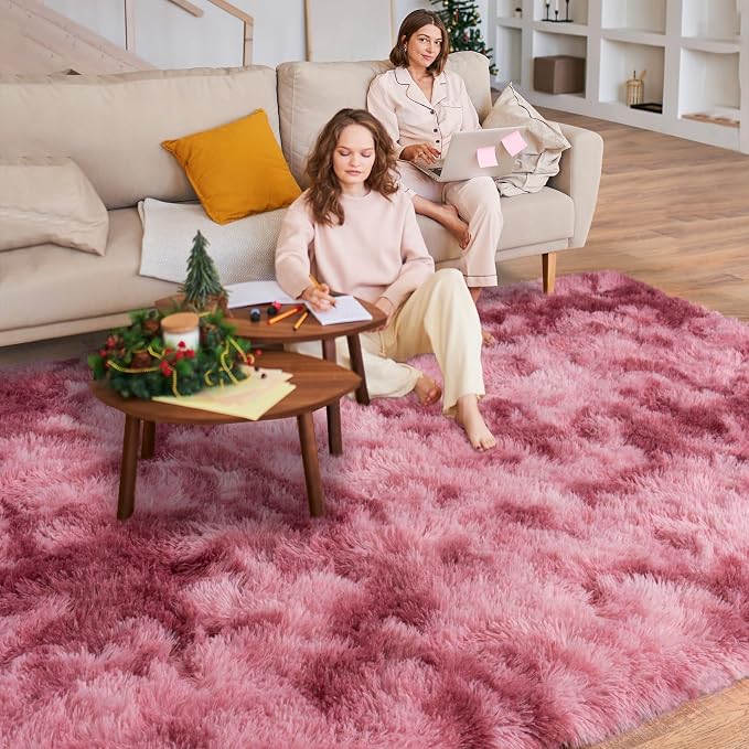 Dssimo 9x12 Area Rugs for Living Room, Pink Tie-Dyed Plush Fluffy Carpet | Upgrade Non-Slip Thick Large Rose Shag Rugs for Nursery Kids Room Dorm Room Home Decor, Indoor Plush Floor Carpet