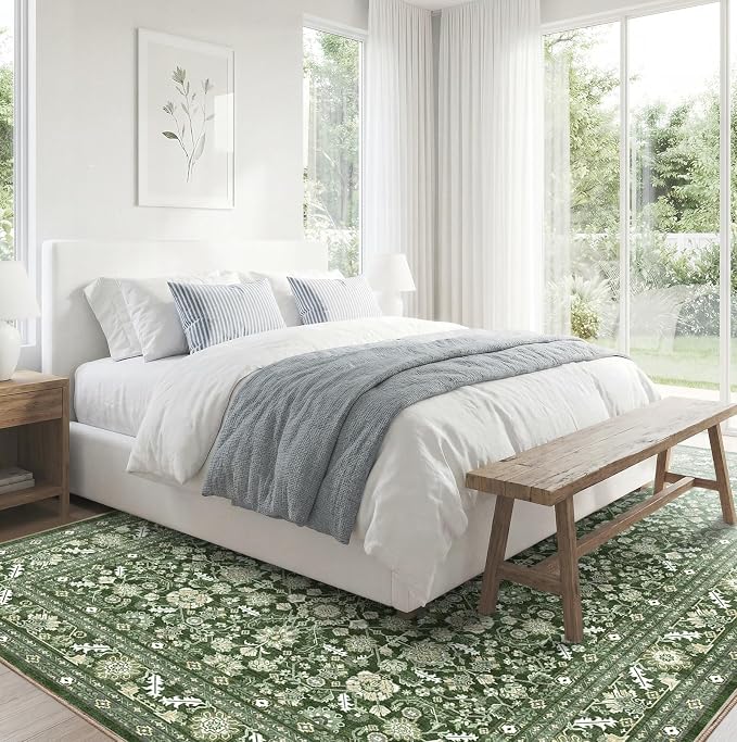 OPPODREAM Low-Pile Area Rugs, Faux Wool Carpet for Living Room, Kitchen, Office, Dorm, Bedroom, Vintage Washable Rug Non Slip, Dark Green, 9'x12'