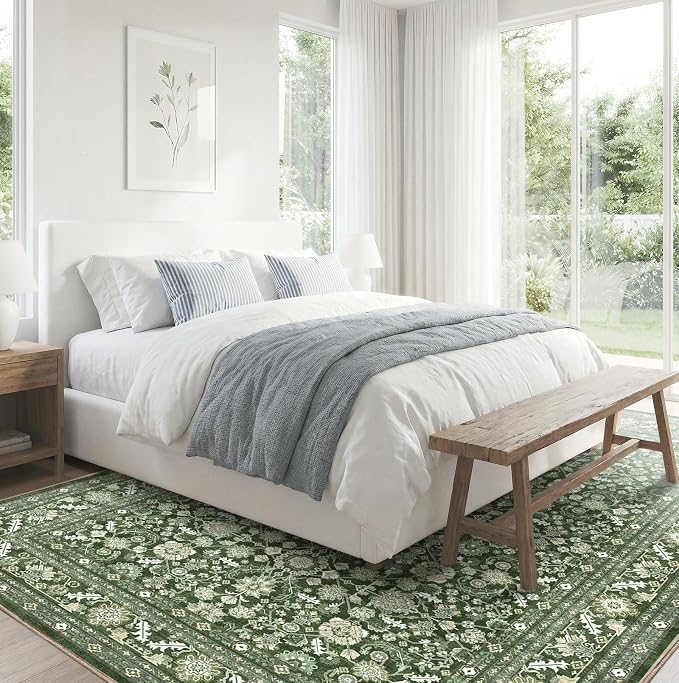 OPPODREAM Low-Pile Area Rugs, Faux Wool Carpet for Living Room, Kitchen, Office, Dorm, Bedroom, Vintage Washable Rug Non Slip, Dark Green, 3'x6'
