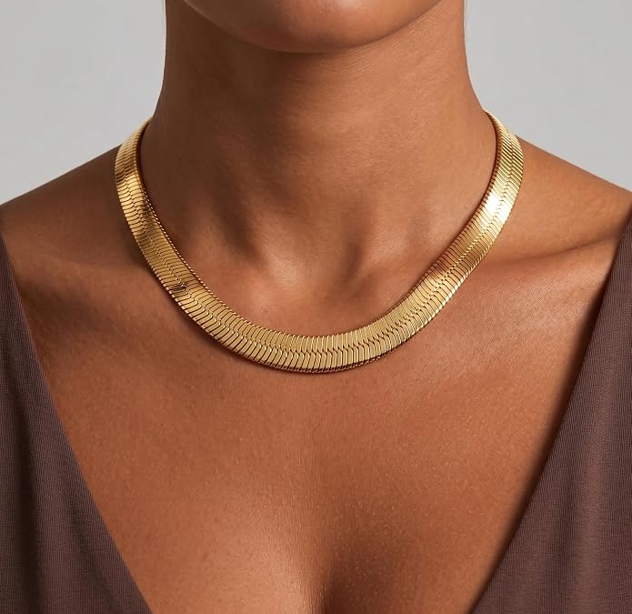 WomenGifts 14K Gold Silver Plated Herringbone Necklace for Women, Dainty Snake Chain Choker, Trendy Simple Long Layered Jewelry Non Tarnish, 3/4/5/8mm,14,16,18,20,22,24,26 Inch Thin & Chunky Options