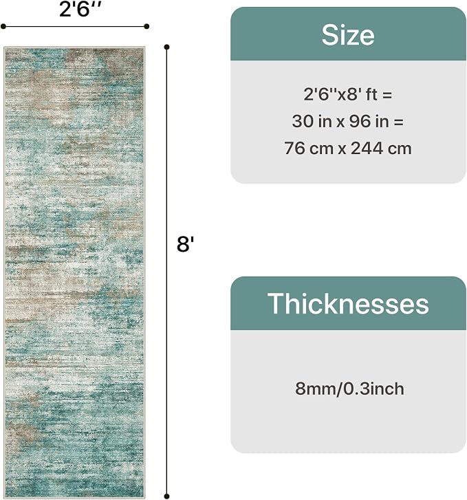 GENIMO Runner Rug Non Slip 2'6"x8', Washable Rug Runner for Hallways Kitchen, Abstract Modern Kitchen Rugs, Low Pile Lightweight Carpet Runners for Entryway, Bedroom, Laundry, Teal Brown