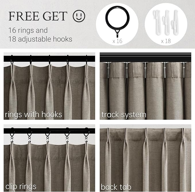 Topfinel 132 Inch Pinch Pleated Linen Curtains 2 Panels,Burlywood Semi Sheer Curtains with Pleated Hooks Back Tab for Track System,Extra Long 11ft Curtain for Living Room Bedroom,40x132,Oatmeal