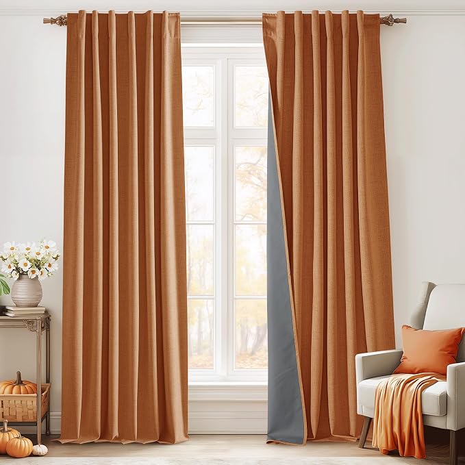 RYB HOME Burnt Orange Total Blackout Curtains Linen Texture, Fall Curtains for Bedroom/Living Room/Sliding Door, Thermal Insulated Boho Farmhouse Home Decor, Luxury Privacy Drapes, W52xL96, 2 Panels