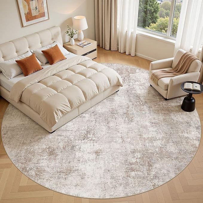 10ft Round Area Rugs for Living Room, 10x10 Washable Non Slip Soft Large Rugs for Bedroom Dining Room, Modern Abstract Low Pile Stain Resistant Carpet for Laundry Office Home Decor - Brown