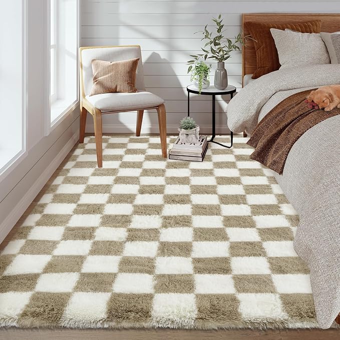 Garvee Checkered Area Rug 10x13 Large Rug Thick Super Soft Shaggy Rugs Fluffy Carpet Fluffy Fuzzy Shag Washable Rugs for Living Room Nursery Bedroom Luxury Playroom Teen Plush Carpets,Taupe-White