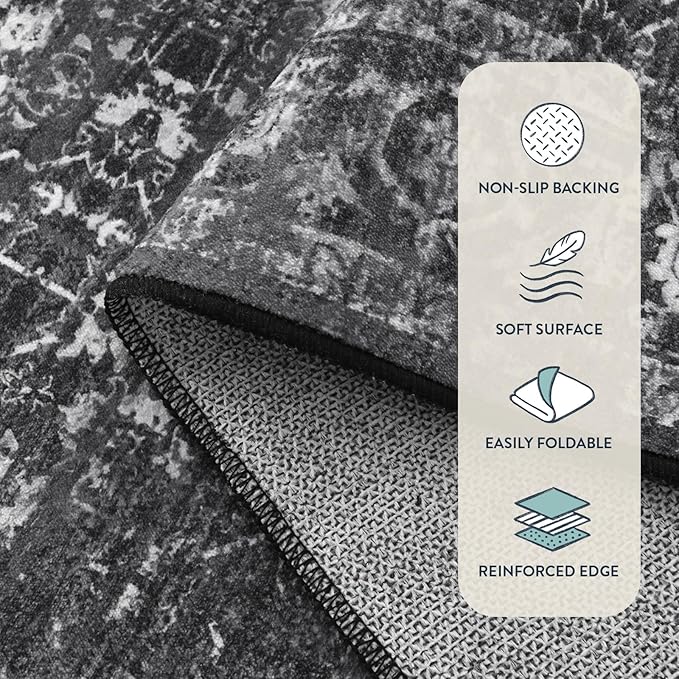 Lahome Margot Washable Black 4x6 Area Rugs for Living Room Bedroom, Boho Vintage Non Slip Stain Resistant Floor Dining Room Carpet for Office Entrance Decor