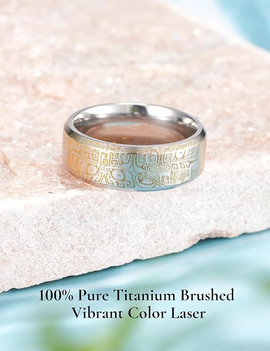 King Will Titanium Wedding Ring for Men Women, 8mm Width Gold/Silver Wedding Band with Unique Random Laser Textured and Multi-Color Laser Engraved Titanium Ring Comfort Fit and Durable Size 8-12