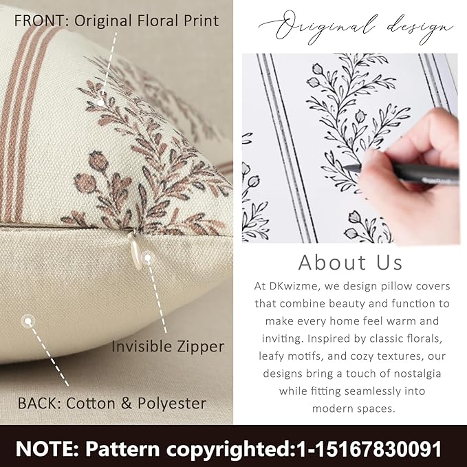 Vintage Throw Pillow Covers 24x24 Set of 2, Striped Floral Pillow Cover Botanical Patterned Decorative Cushion Covers Modern Farmhouse Home Decor for Sofa Couch Bed Living Room, Almond