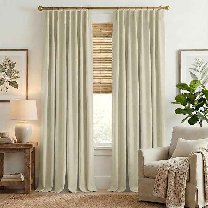 NICETOWN Room Darkening Curtains for Living Room 90 inches Long, Pinch Pleated Curtains Faux Linen Blend Light Blocking Noise Canceling Window Treatments for Bedroom, Linen Beige, W52 x L90, 2 Panels