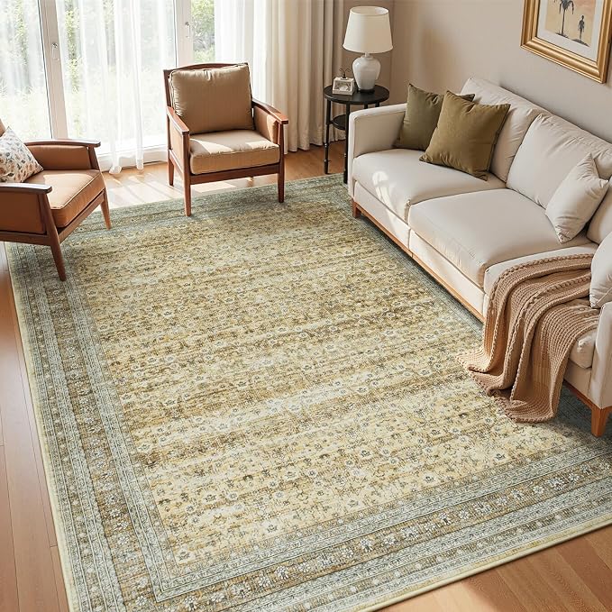 6x9 Area Rugs for Living Room Bedroom, Washable Large Rugs Non-Slip | Vintage Distressed Retro; Low Pile; Stain Resistant; Neutral Boho Carpet for Dining Room, Nursery, Home Office; Oatmeal Beige