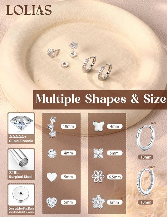 LOLIAS Flat Back Earrings for Women Girls - Hypoallergenic Surgical Stainless Steel Earrings for Sensitive Ears 14K Gold Plated Heart Flower Stud Earring Set Small Huggie Hoop Cartilage Earring Stacks