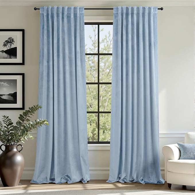 Dusty Blue Velvet Curtains 84 Inches Long 2 Panel Back Tab Rod Pocket Thermal Insulated Room Darkening Stone Light Blue Blackout Curtain for Living Room Bedroom Floor Length Slate Grey Blue Gray Drape
