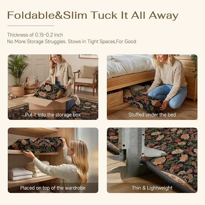 HUGEAR Retro 2x6 Runner Rugs Washable Hallway Rug Vintage Floral Throw Carpet Black Brown Stain Resistant Non Slip Low Pile for Home Aesthetic Modern Decor