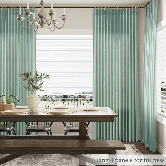 Aersas Aqua Green Pinch Pleated Linen Curtains 108 Inch Length 2 Panels for Living Room Bedroom Semi Sheer Window Curtain Boho Neutral Back Tab Pinch Pleat Drape with Hooks 40x108