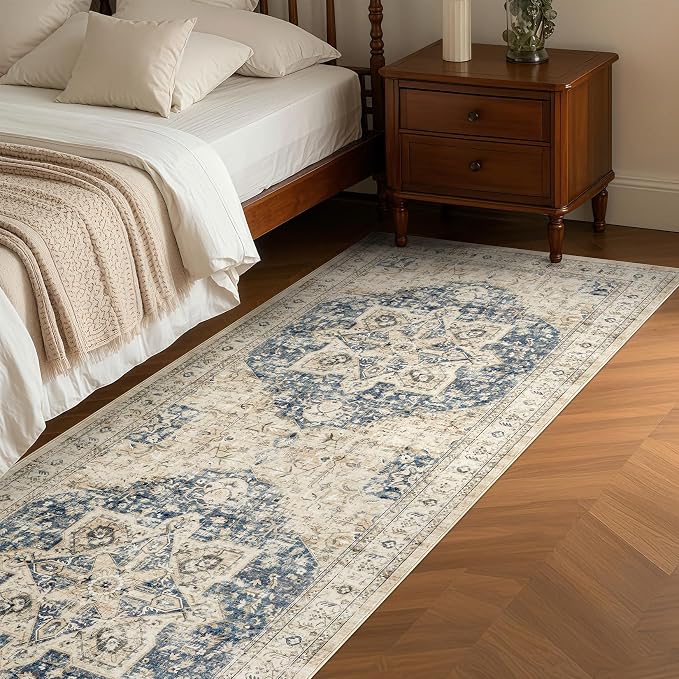 Tortania Area Rug 2x6 Runner Rugs - Washable Vintage Oriental Farmhouse Thin Indoor Carpet for Living Room Bedroom Hallway Entryway Kitchen Under Dining Table Home Office - Cream/Blue