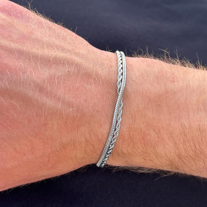 Mens Bracelet - Dainty Gold/Silver Chain Bracelet Stack 14K Gold Plated Silver Bracelets for Men Stainless Steel Adjustable Cross Charm Cuban Link Bracelet Snake Jewelry Set to Men Dad Birthday Day